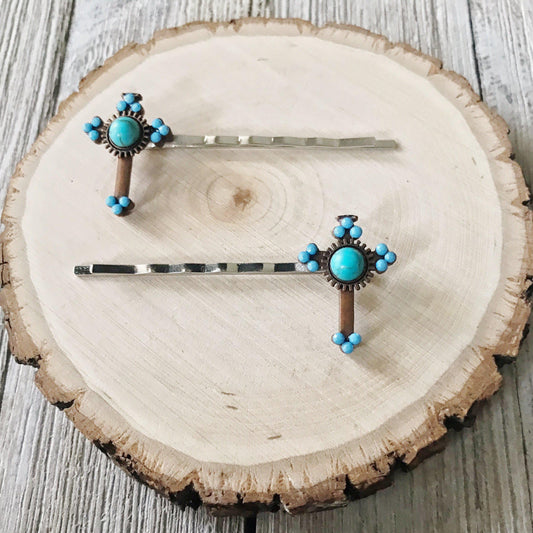 Boho Turquoise Cross Hair Pins - Western Cowgirl Decorative Bobby Pins, Women's Southwestern Hair Accessories