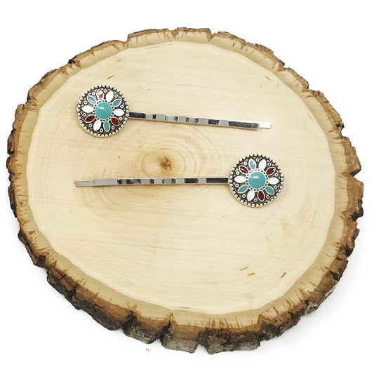 Boho Turquoise, Red, and White Gemstone Hair Pins - Set of 2 Stylish Accessories