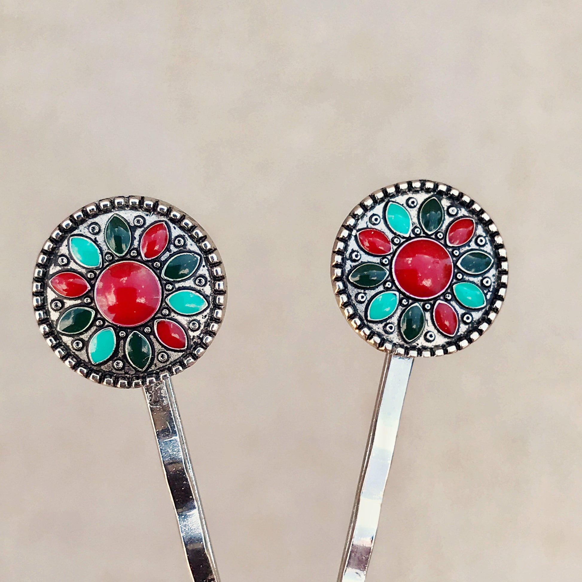 Boho Western Turquoise Medallion Hair Pins - Set of 2 Stylish Accessories