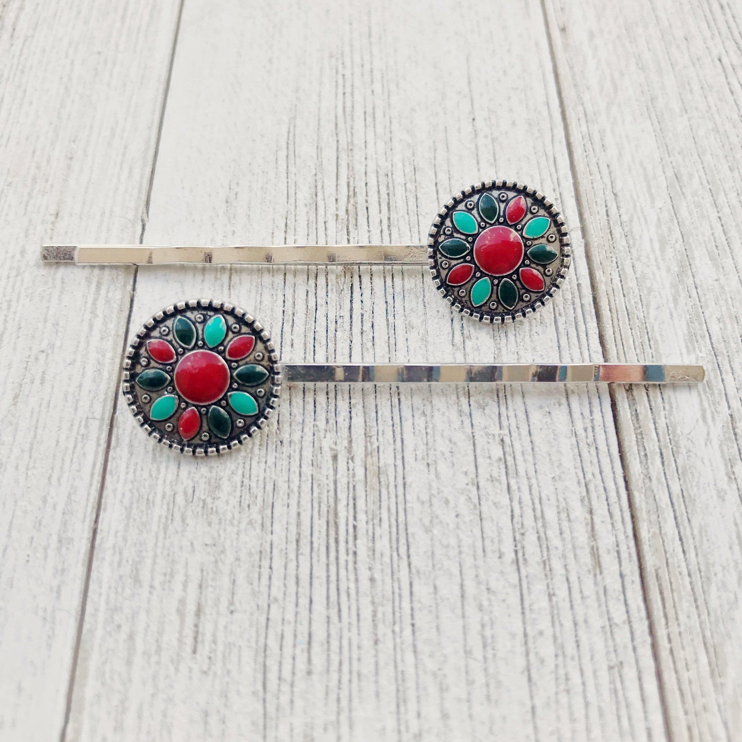 Boho Western Turquoise Medallion Hair Pins - Set of 2 Stylish Accessories
