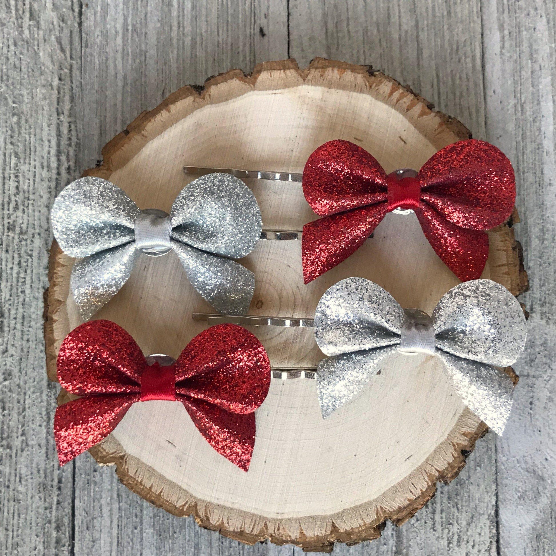Red & Silver Glitter Bow Hair Pins - Set of 4 Sparkling Accessories