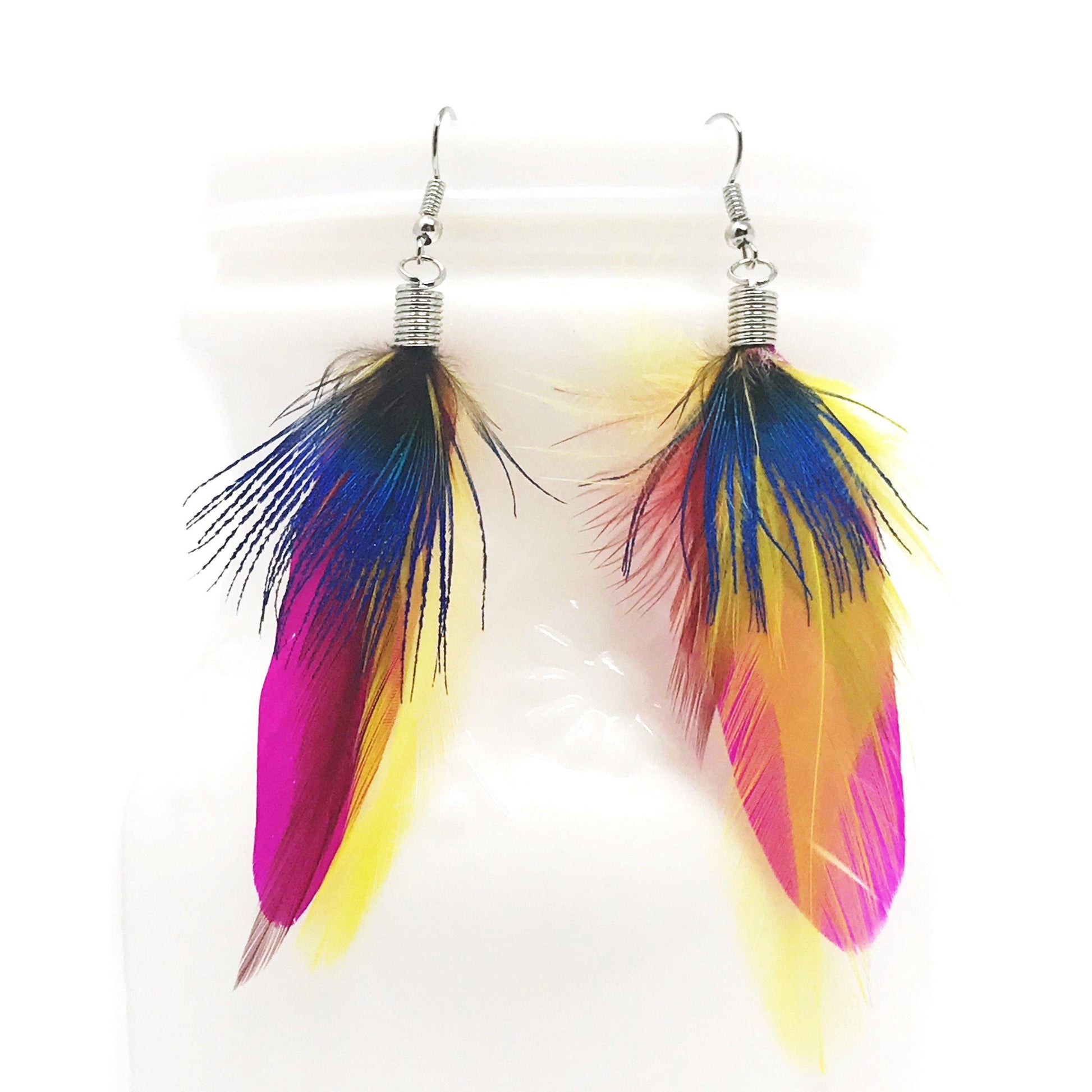Bright Colored Feather Dangle Earrings - Vibrant & Eye-catching Accessories