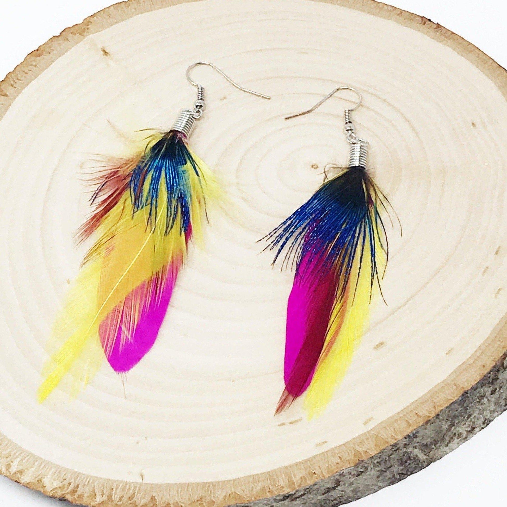 Bright Colored Feather Dangle Earrings - Vibrant & Eye-catching Accessories