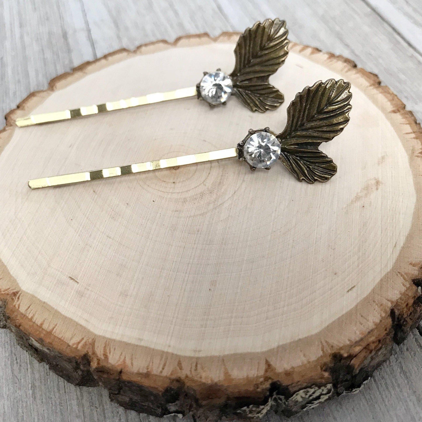 Antique Leaf Hair Pins – Vintage Brass Hair Clips with Rhinestones Set of 2