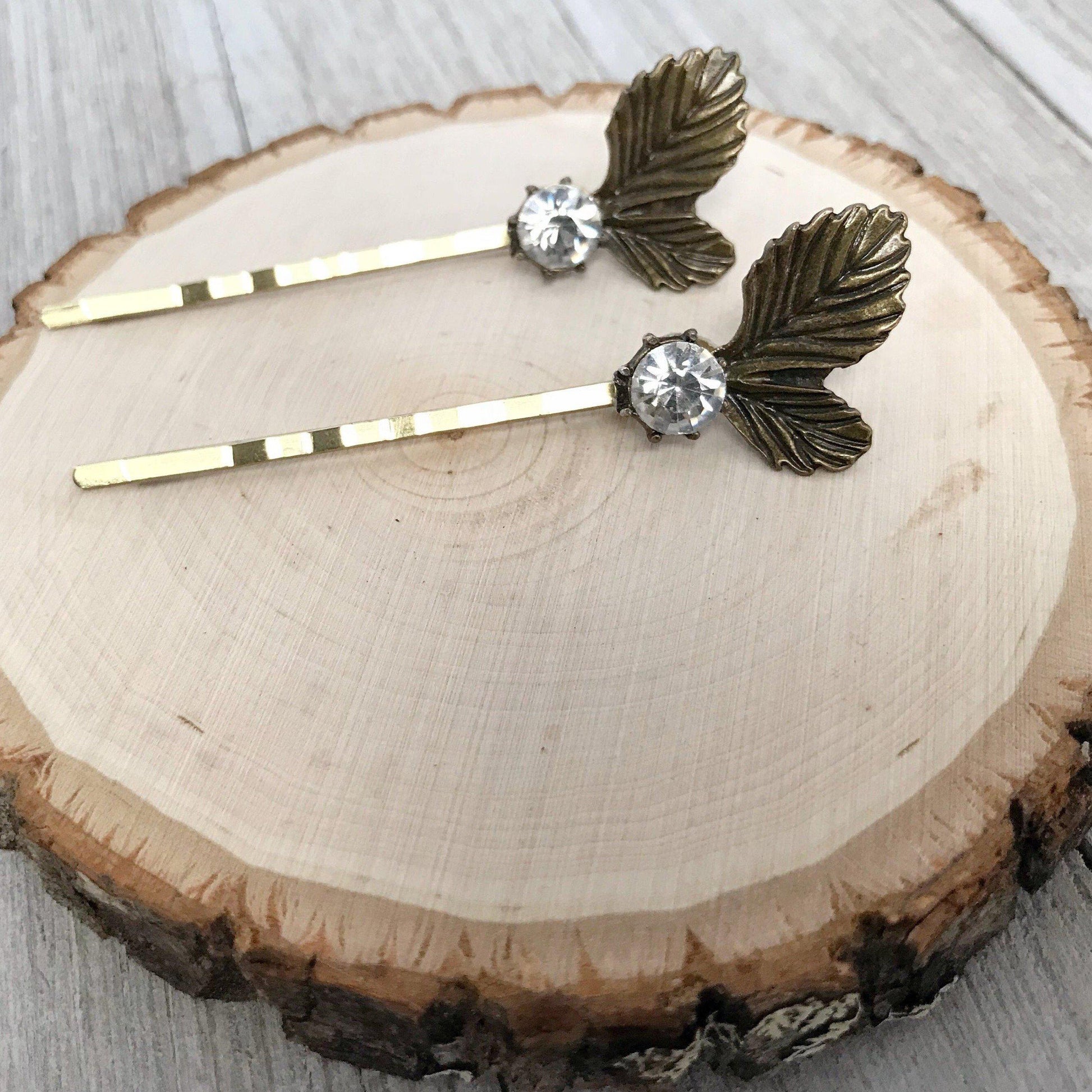 Antique Leaf Hair Pins – Vintage Brass Hair Clips with Rhinestones Set of 2