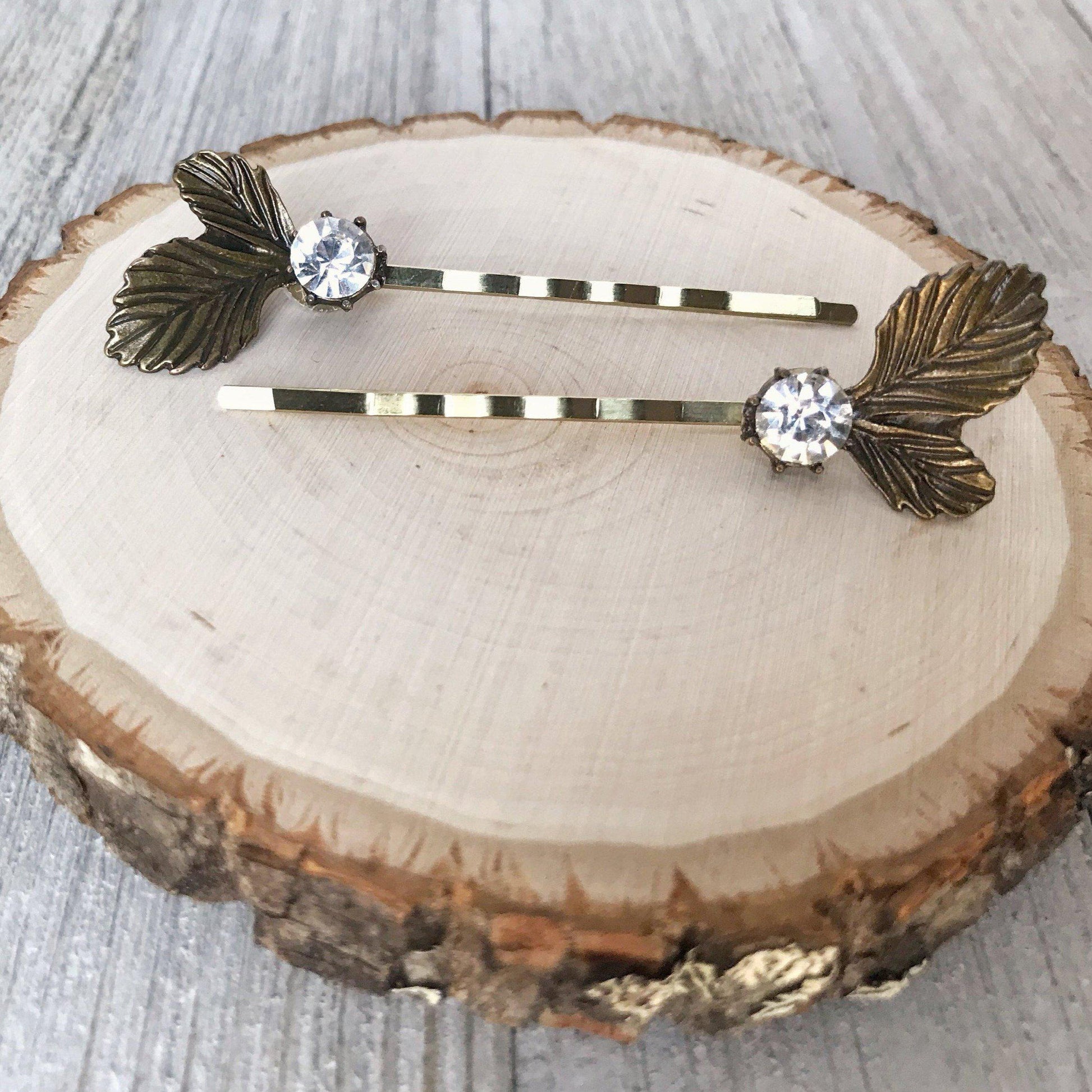 Antique Leaf Hair Pins – Vintage Brass Hair Clips with Rhinestones Set of 2