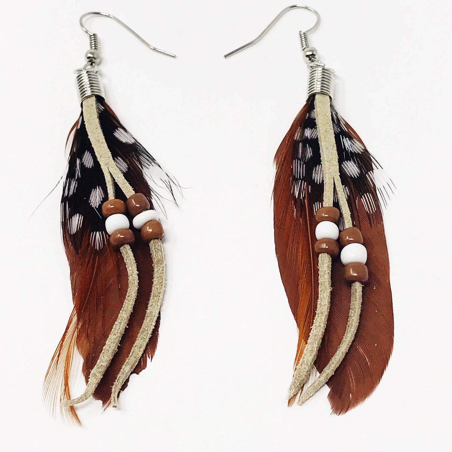 Brown Feather Dangle Earrings – Suede Accents Boho Chic Jewelry