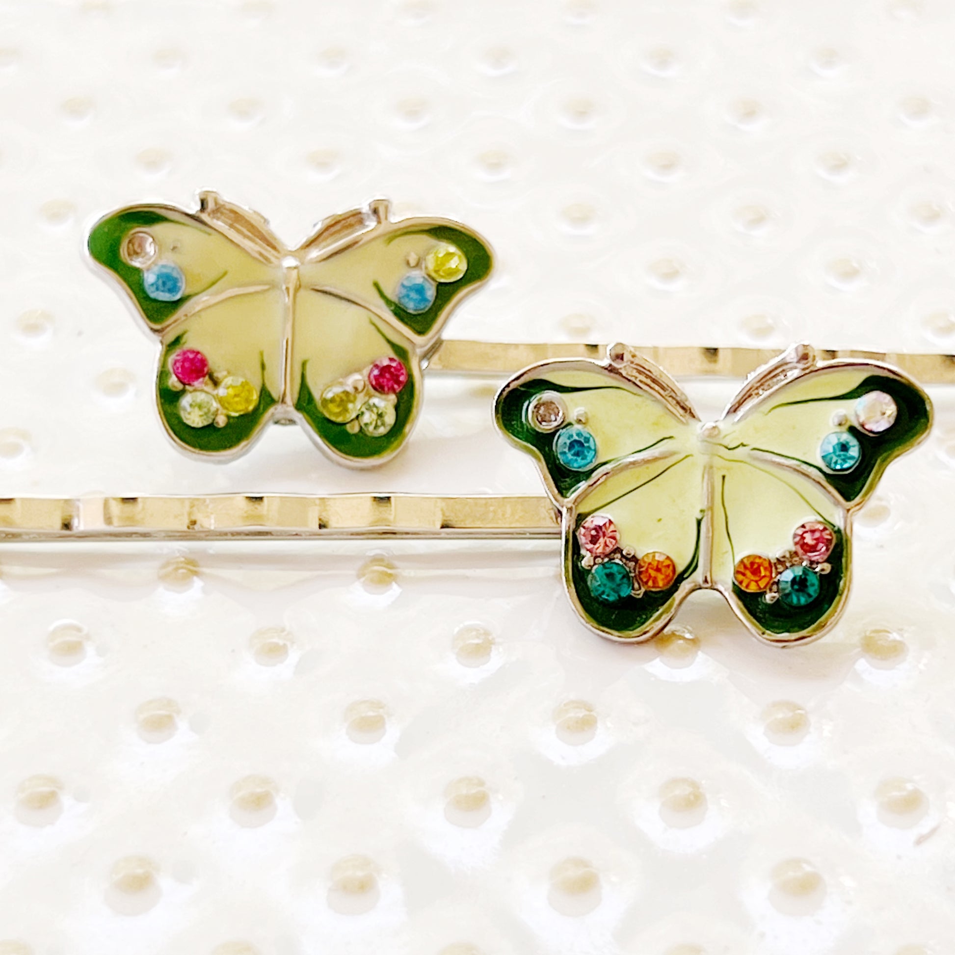 Handmade green butterfly hair clips packaged for gifting