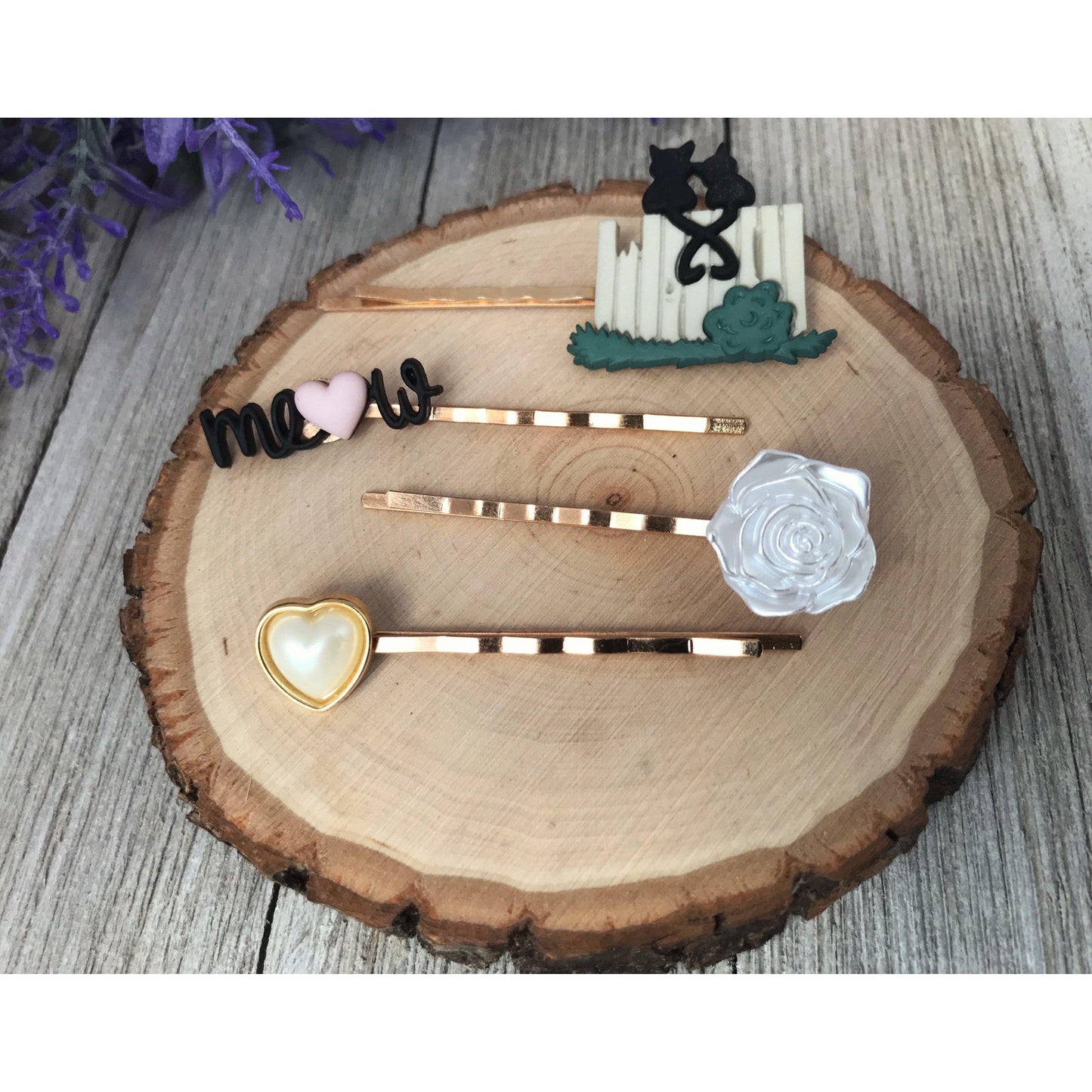 Black Cat, White Flower, Heart & Meow Hair Pins - Quirky Accessories for Feline-Inspired Hairstyles