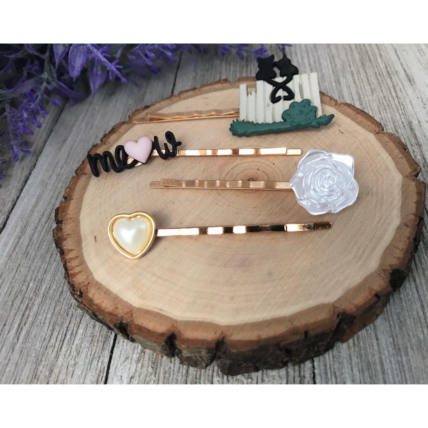 Black Cat, White Flower, Heart & Meow Hair Pins - Quirky Accessories for Feline-Inspired Hairstyles