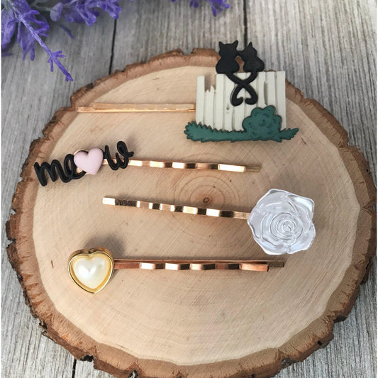 Black Cat, White Flower, Heart & Meow Hair Pins - Quirky Accessories for Feline-Inspired Hairstyles