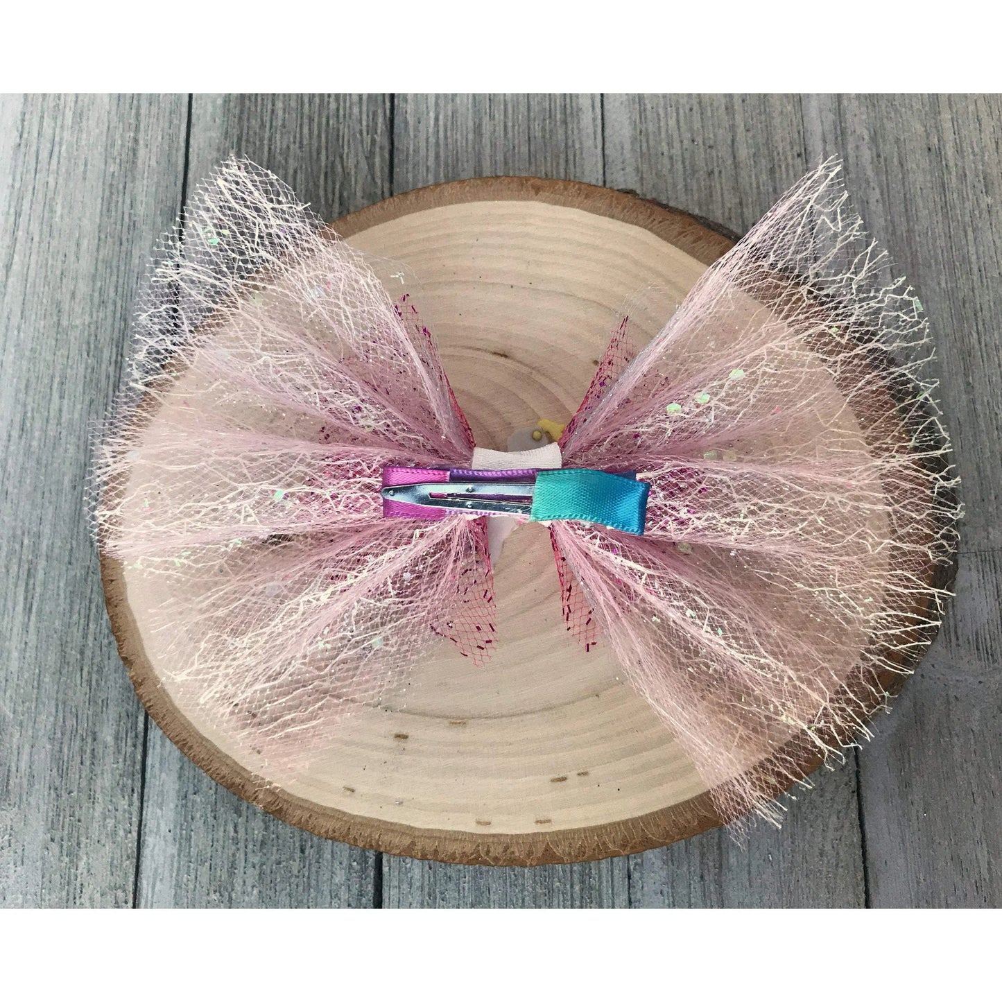 Pink Glitter Tulle Hair Bow with Gymnast Embellishment - Sparkling and Sporty Hair Accessory