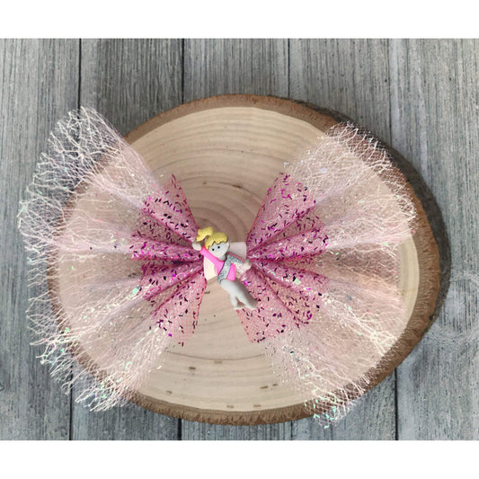 Pink Glitter Tulle Hair Bow with Gymnast Embellishment - Sparkling and Sporty Hair Accessory