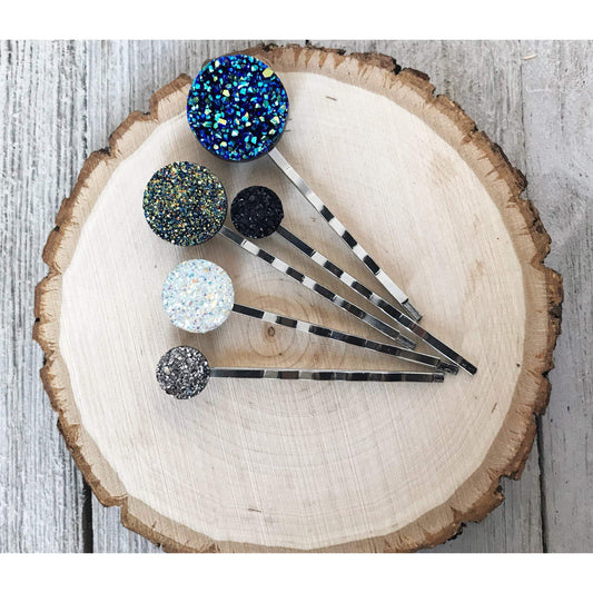Round Glittery Druzy Hair Pins Set of 5 - Sparkling Accessories for Hair