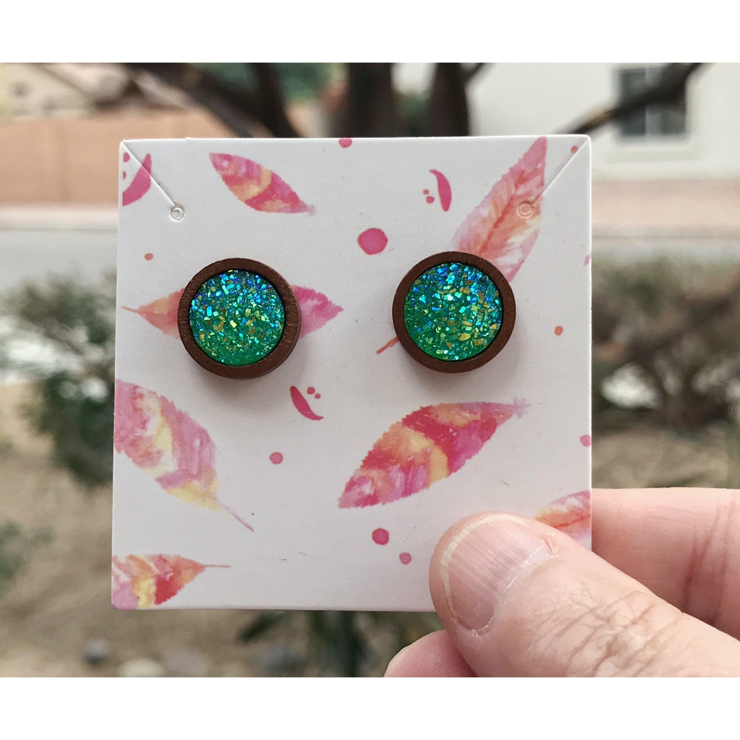 Green Druzy Wood Stud Earrings - Elegant and Natural Accessories