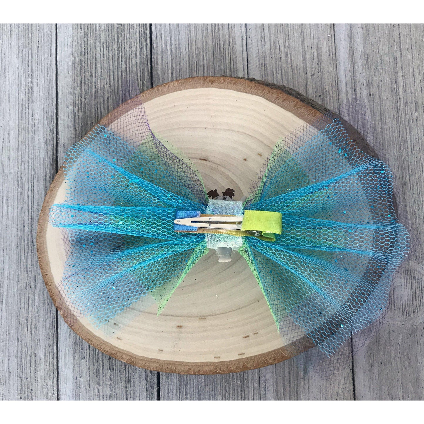 Green & Blue Glitter Tulle Hair Bow with Gymnast Embellishment - Sparkling & Sporty Hair Accessory