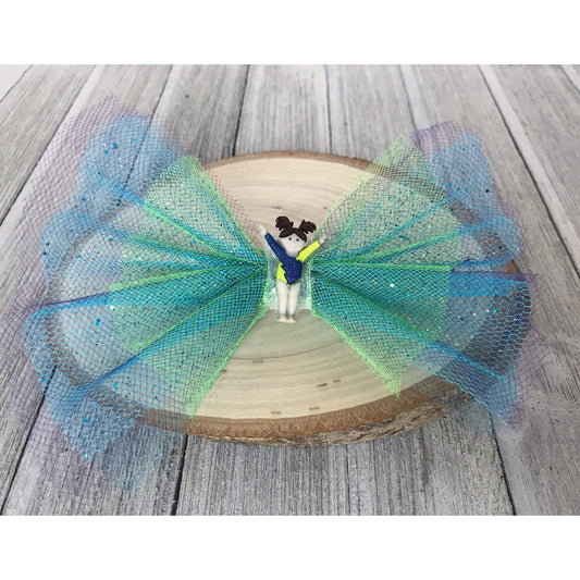 Green & Blue Glitter Tulle Hair Bow with Gymnast Embellishment - Sparkling & Sporty Hair Accessory