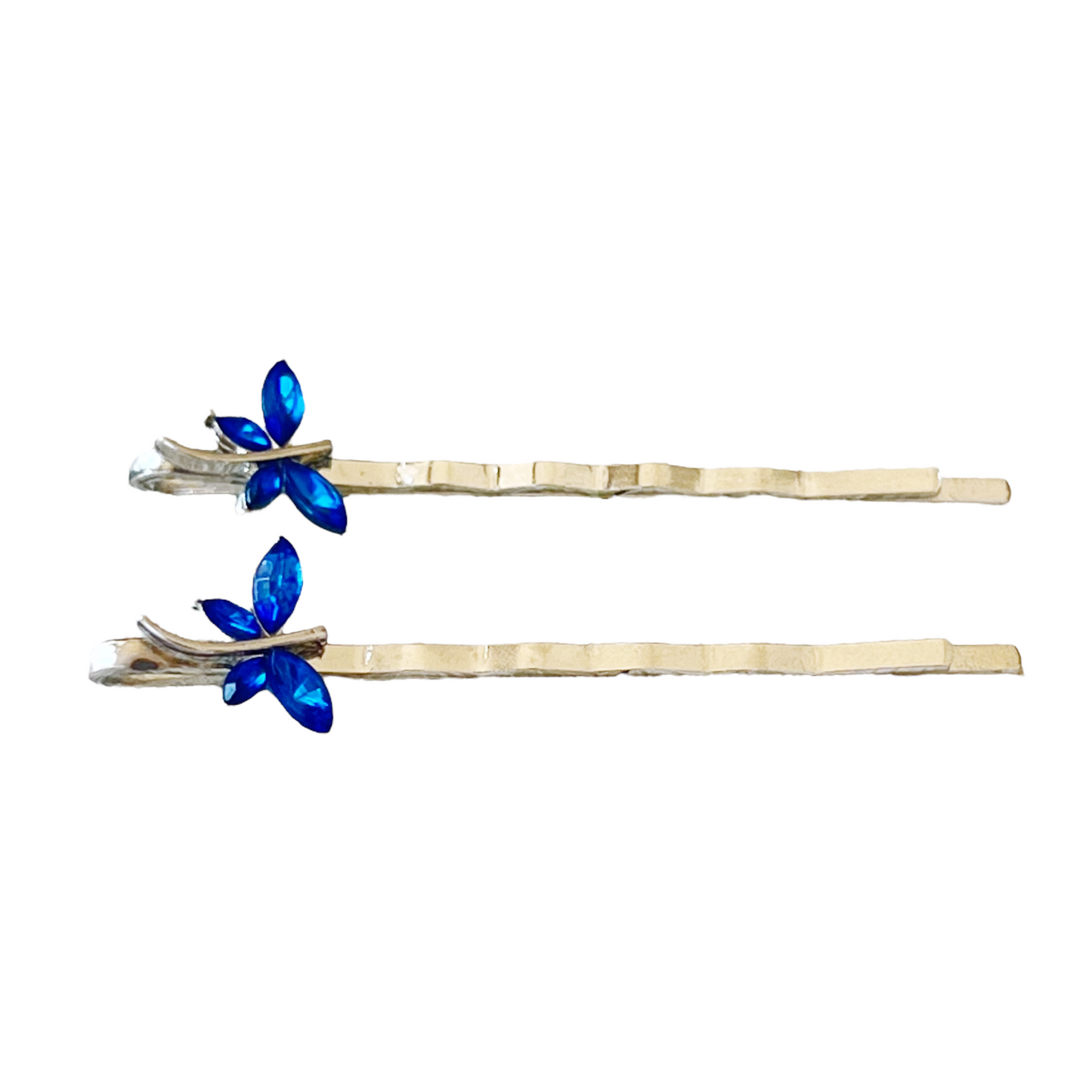 Small silver bobby pins with blue rhinestone dragonflies – lightweight and nature-inspired