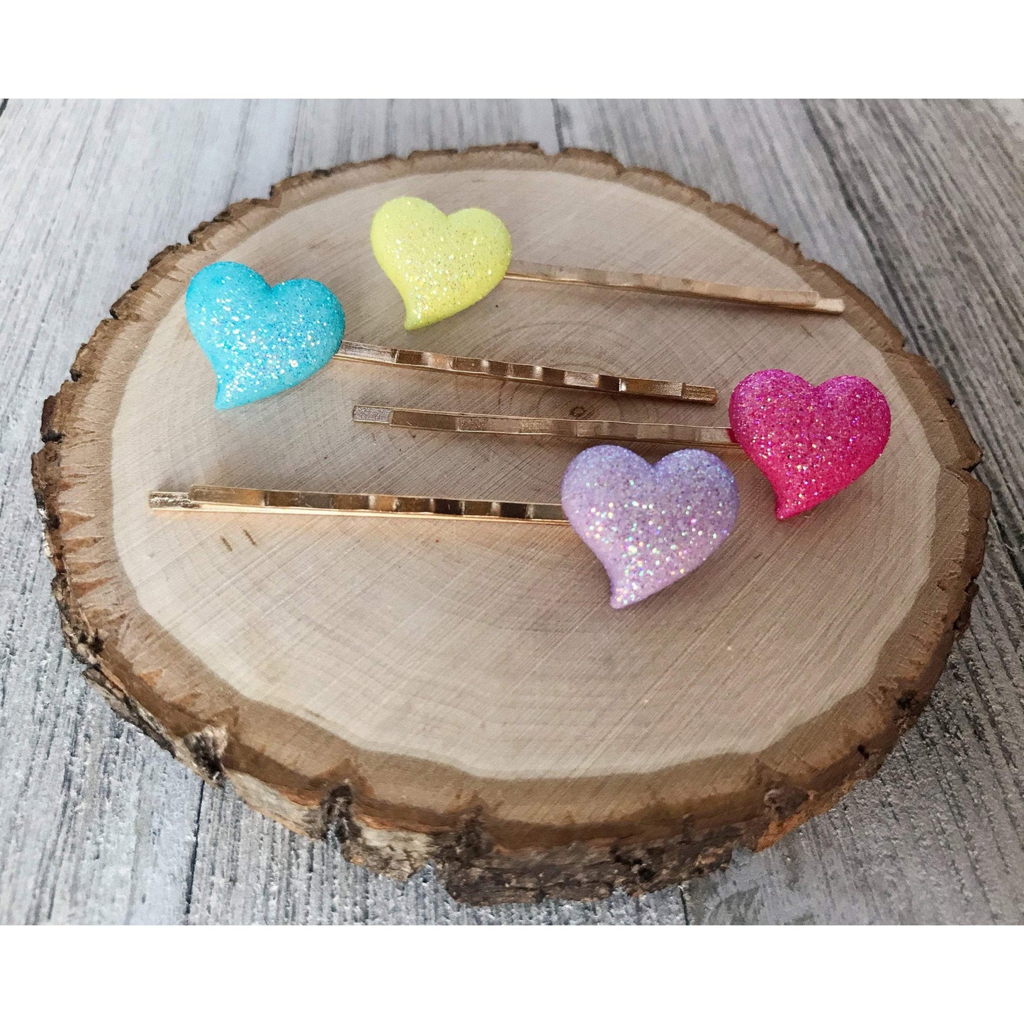 Pink, Purple, Yellow & Blue Glitter Heart Hair Pins - Sparkling & Colorful Hair Accessories