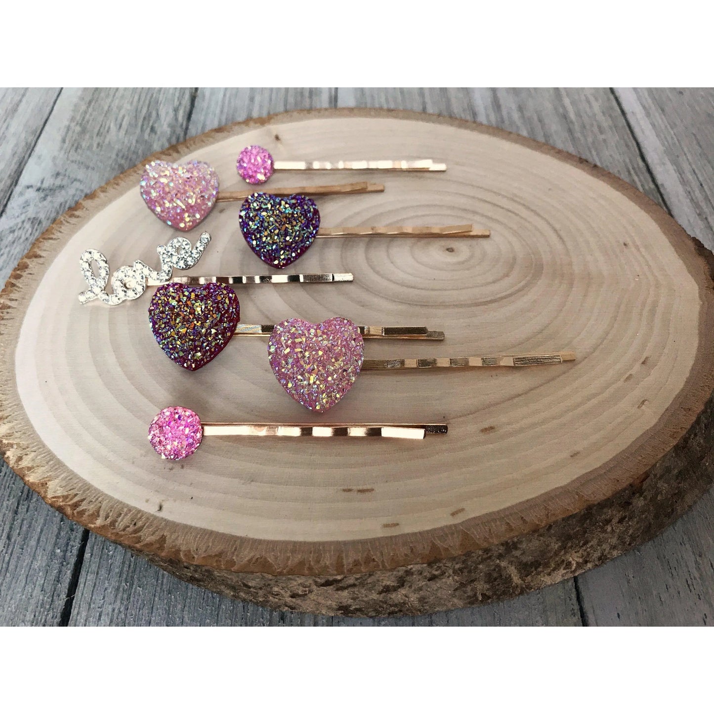 Heart Hair Pins, Rhinestone Word Hair Pin, Pink Druzy Bobby Pin, Womens Hair Clips, Glitter Hair Pin