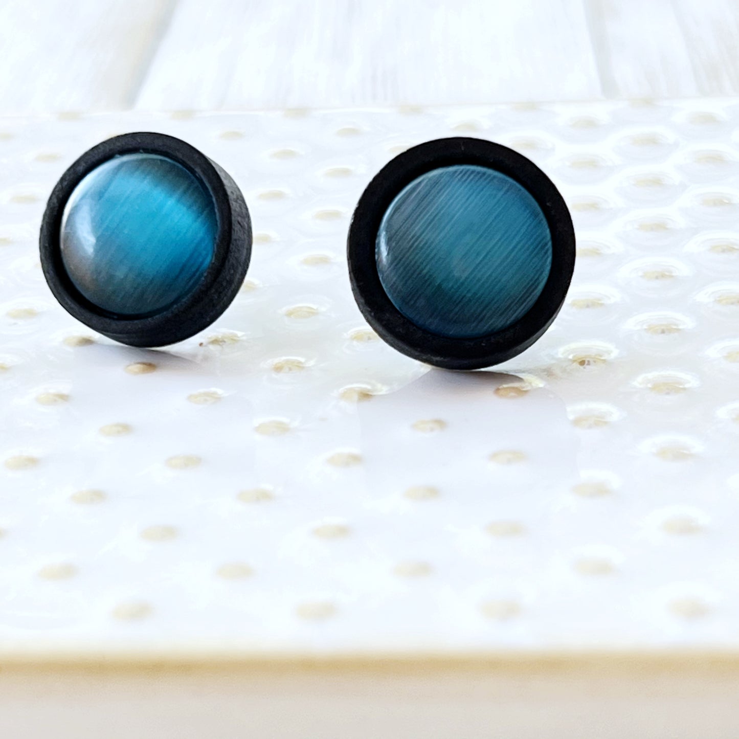 Blue Glass Black Wood Unisex Stud Earrings - Stylish & Versatile Accessories