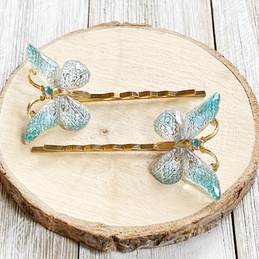 Blue & Gold Butterfly Hair Pins - Elegant and Whimsical Hair Accessories