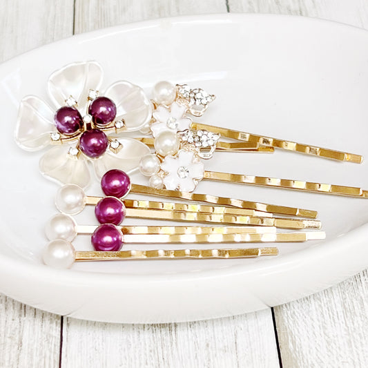 Purple & White Pearl Rhinestone Hair Pins - Elegant & Sparkling Accessories