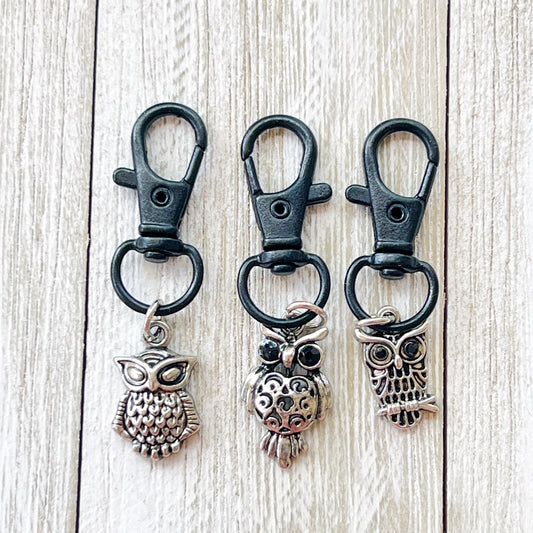 Set of 3 Silver Owl Purse Charms with Rhinestone Accents