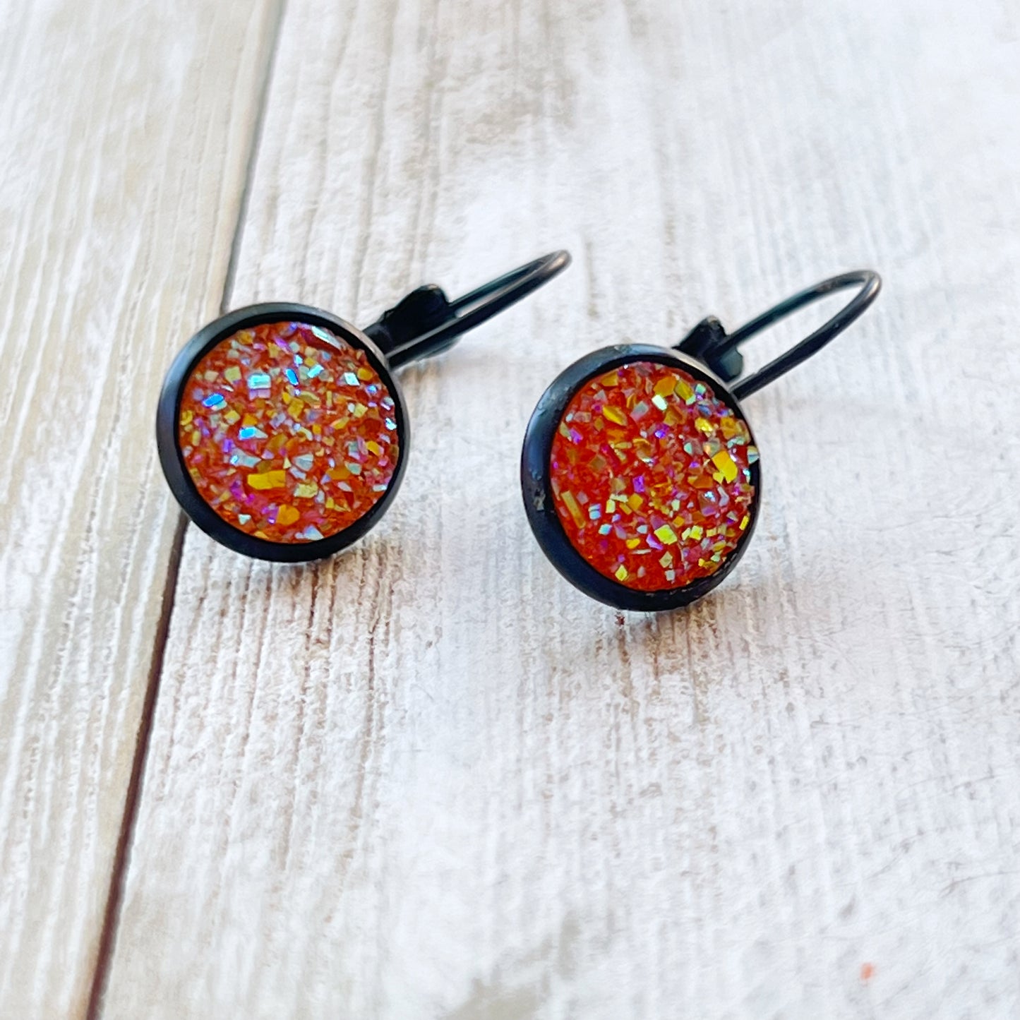 Orange Glitter Druzy Black Dangle Earrings - Sparkling & Stylish Accessories