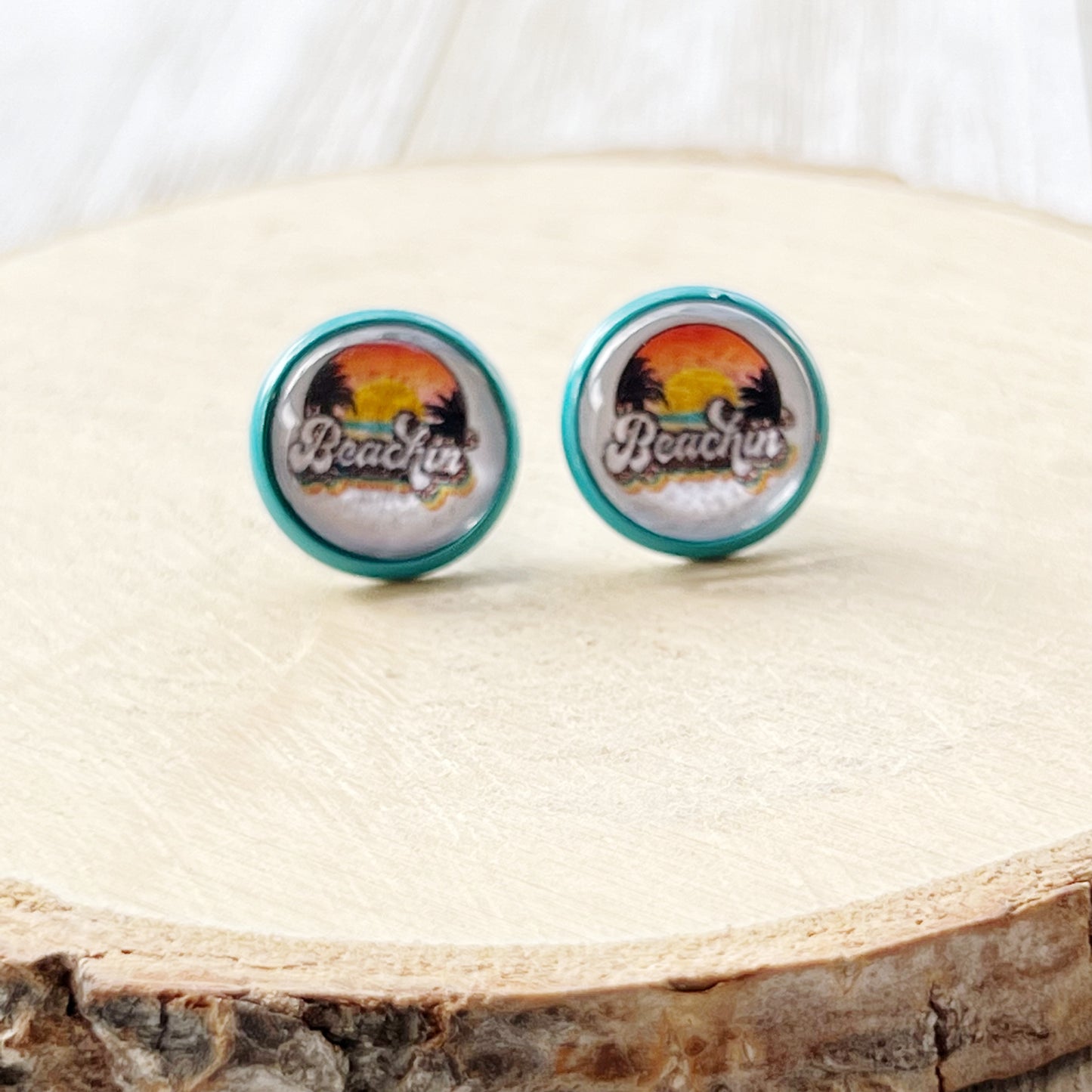 Beachin’ Sunset Stud Earrings – Retro Tropical Summer Jewelry with Teal Trim