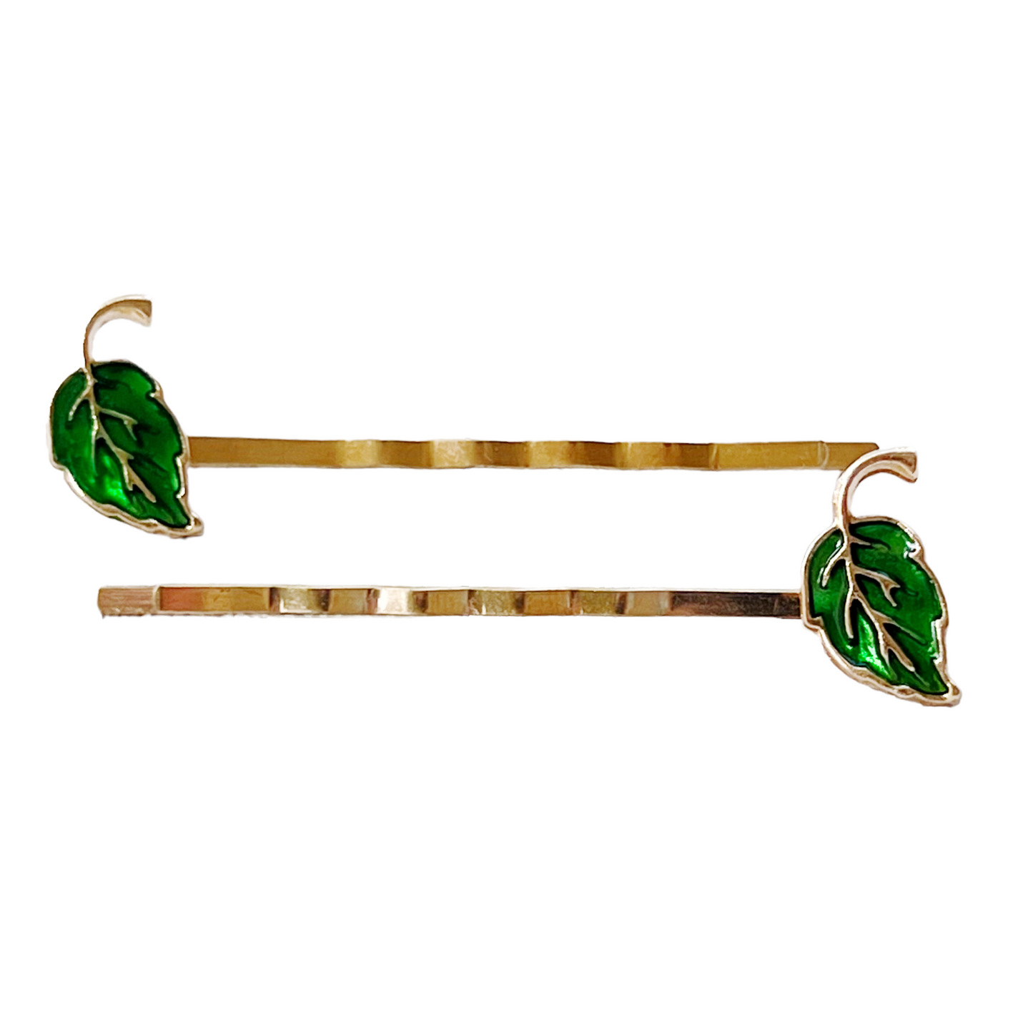 Green Enamel Leaf Hair Pins – Gold Boho Nature-Inspired Hair Clips