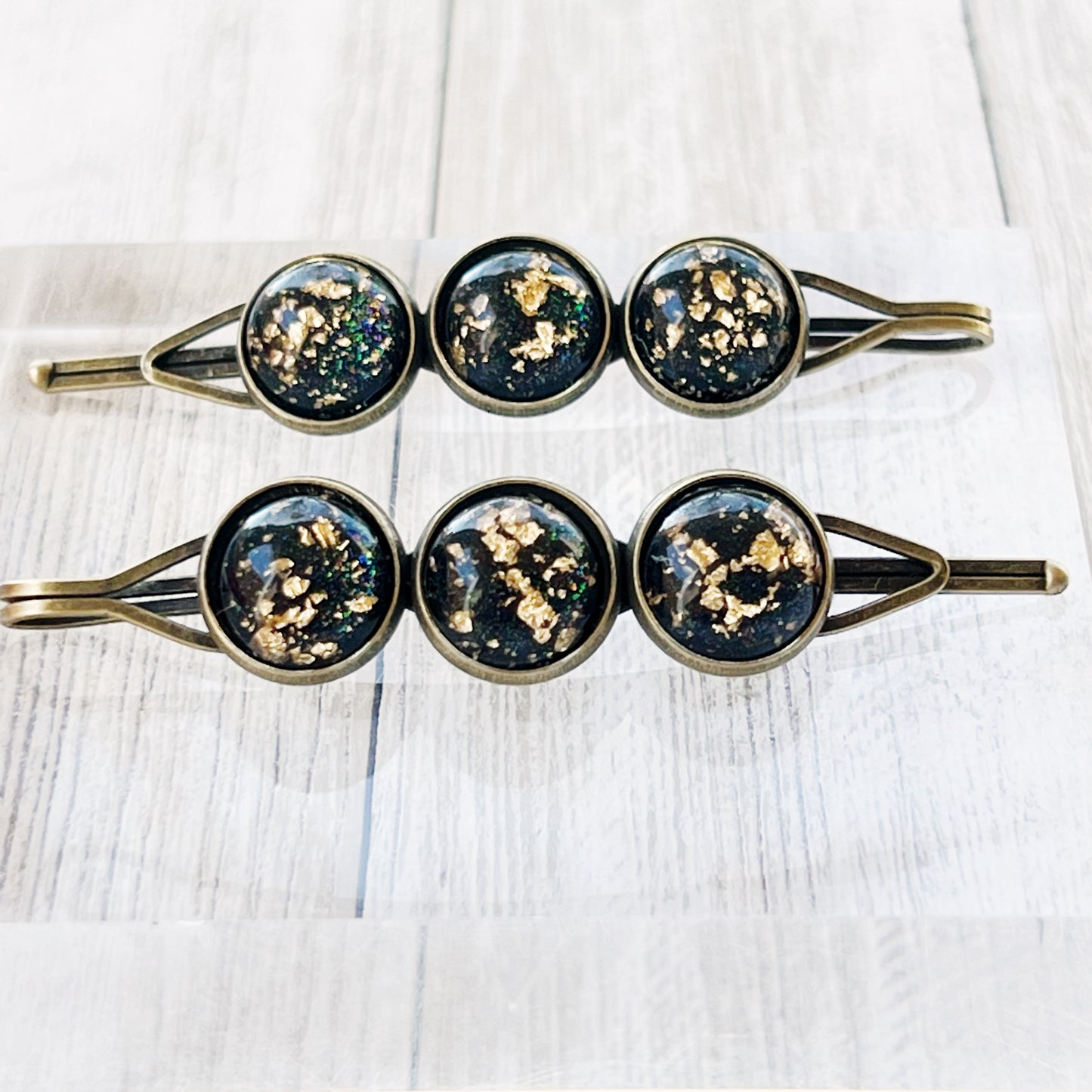 Black & Gold Flake Glitter Hair Pins - Elegant & Sparkling Hair Accessories