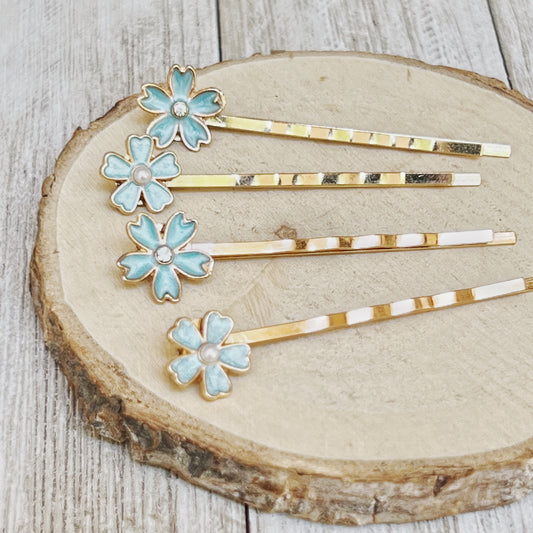 Blue Flower Hair Pins with Pearl & Rhinestone Accents - Set of 4 Elegant Accessories