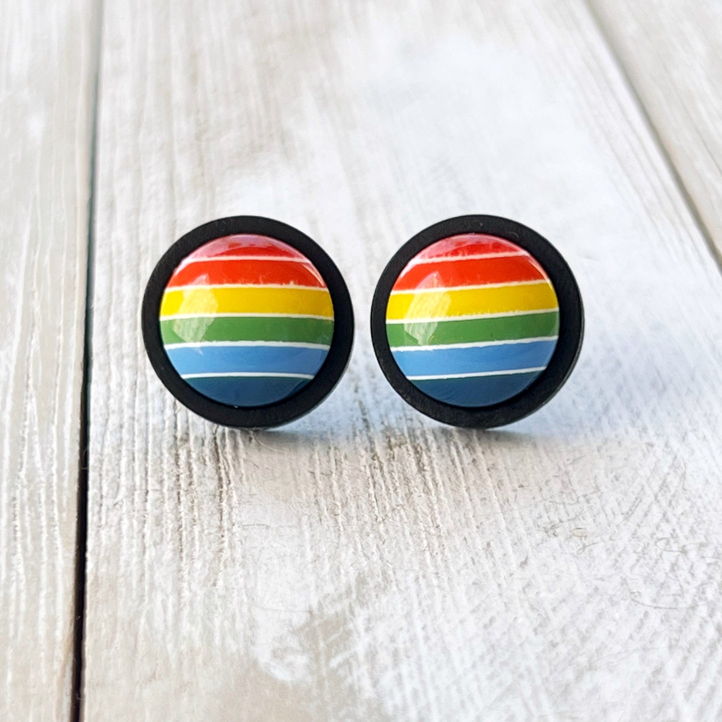 Rainbow Stripe Stud Earrings – Bold Colorful Handmade Jewelry in Black Wood