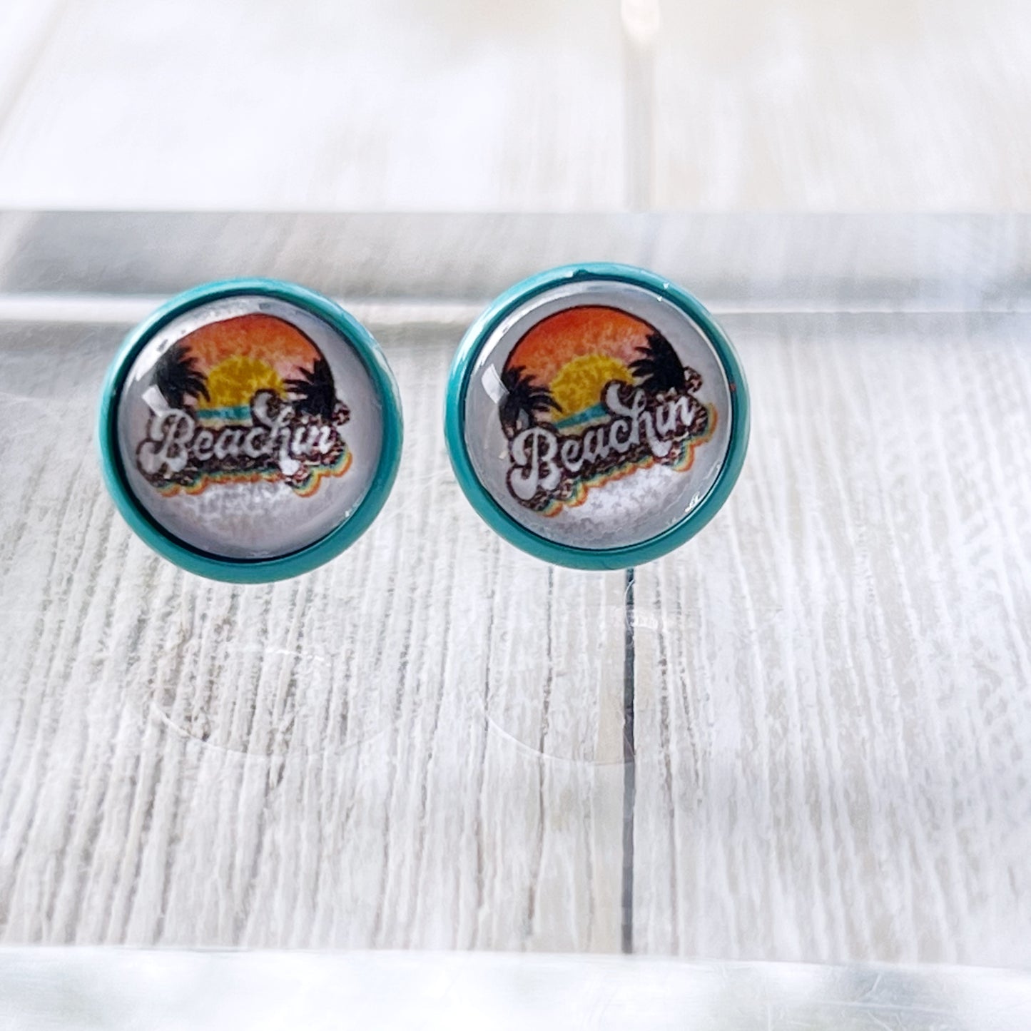 Beachin’ Sunset Stud Earrings – Retro Tropical Summer Jewelry with Teal Trim