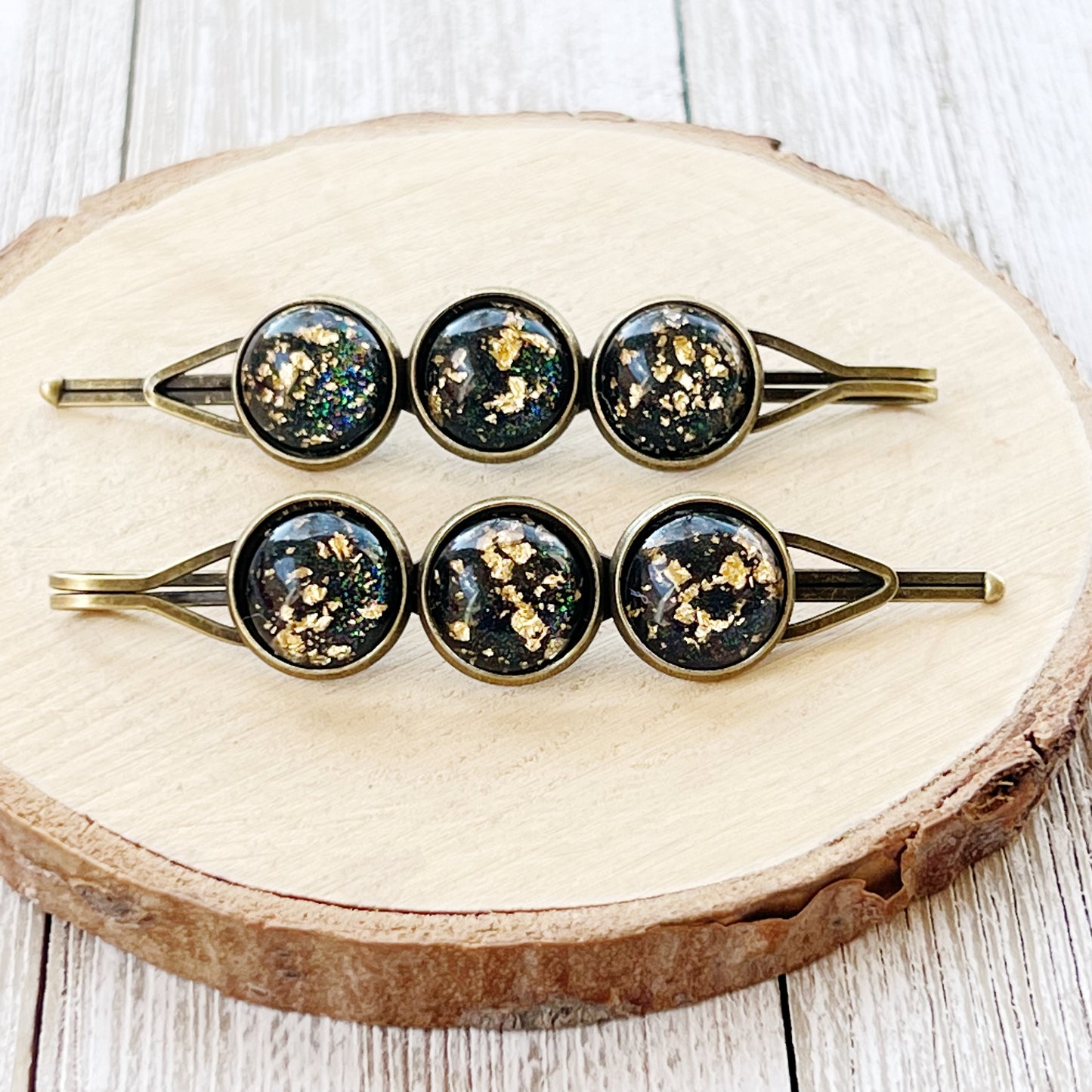 Black & Gold Flake Glitter Hair Pins - Elegant & Sparkling Hair Accessories