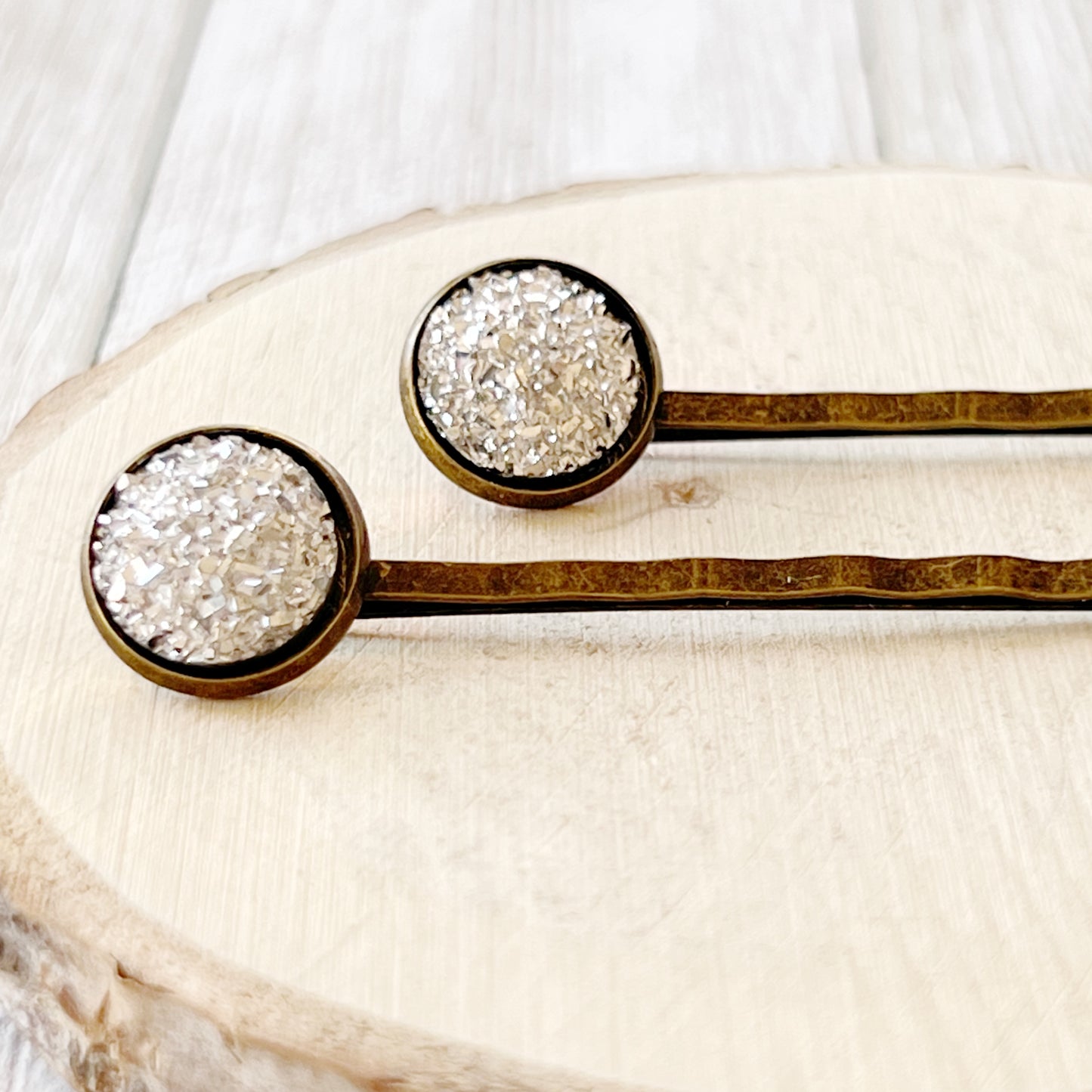 Silver Druzy Brass Hair Pins: Sparkling Accents for Sophisticated Hairstyles