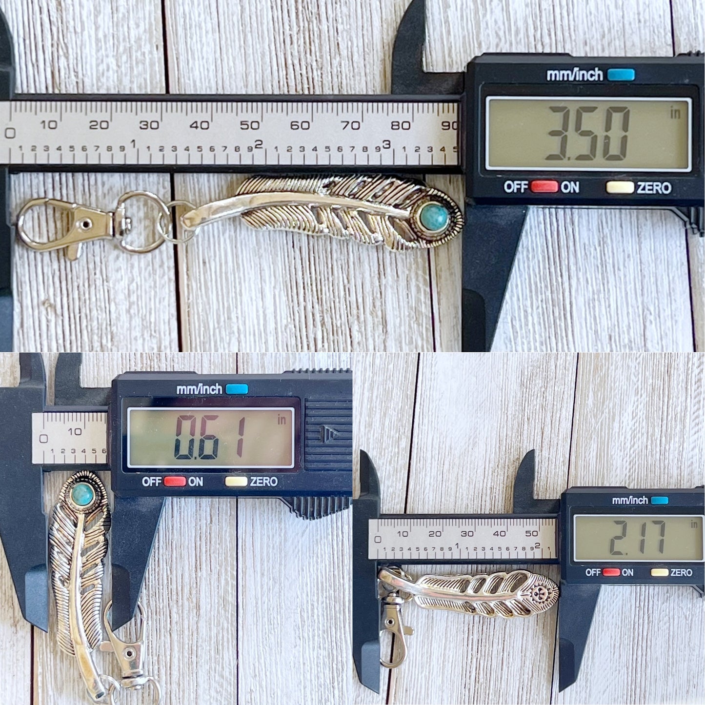 Feather Purse Charm – Silver Boho Keychain with Turquoise Stone Accent