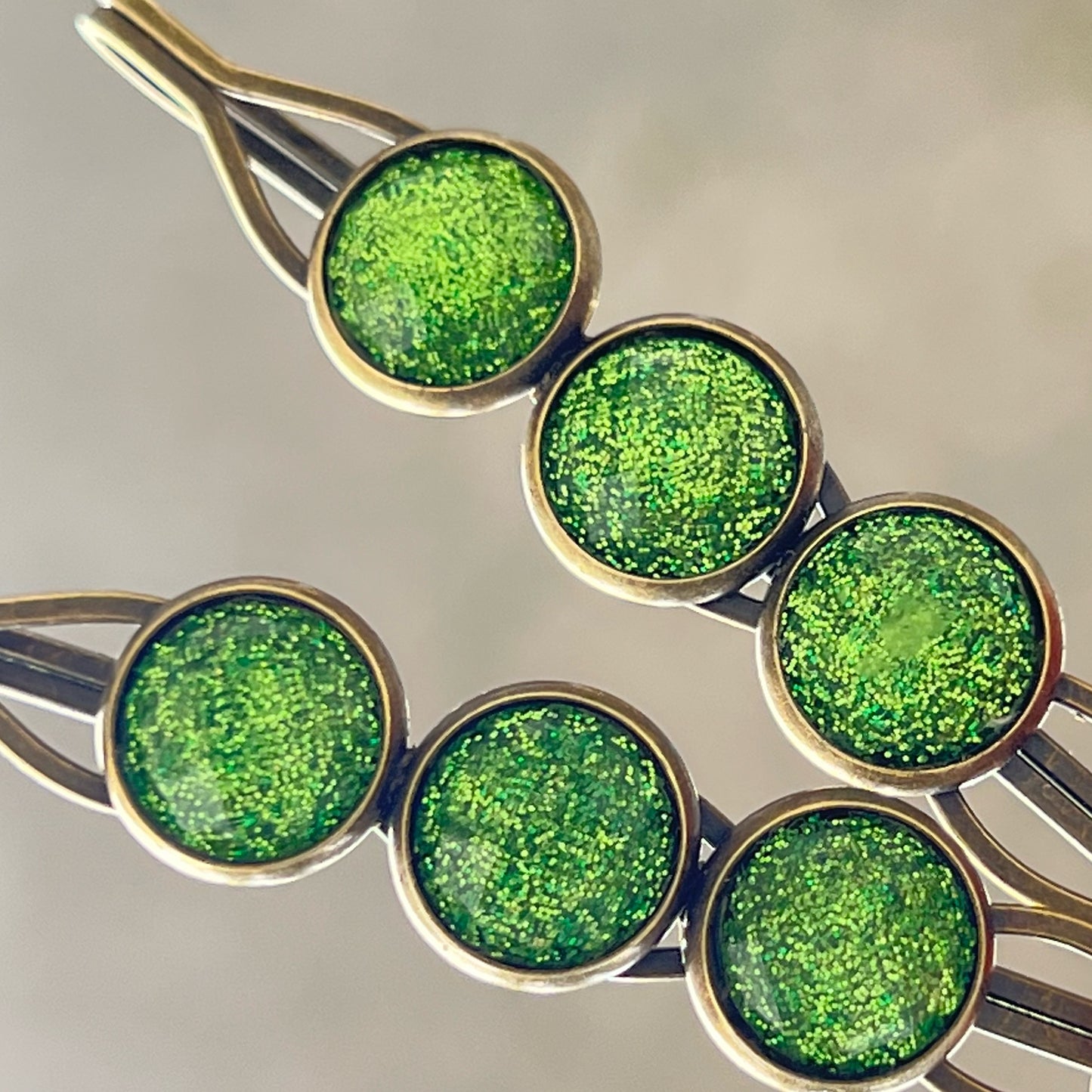 Green Shimmer Hair Pins – Sparkly Boho Hair Accessories Antique Bronze Finish