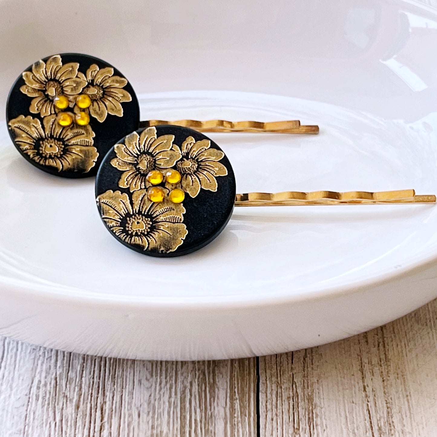 Black & Gold Sunflower Gold Bobby Pin Set- Elegant Floral Hair Accessory