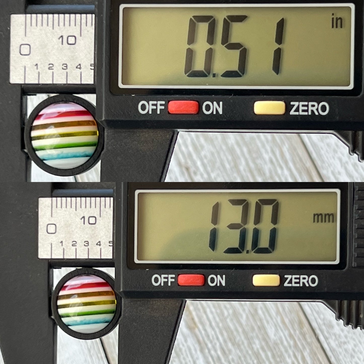 Rainbow Stripe Stud Earrings – Bold Multicolor Round Jewelry in Black Wood