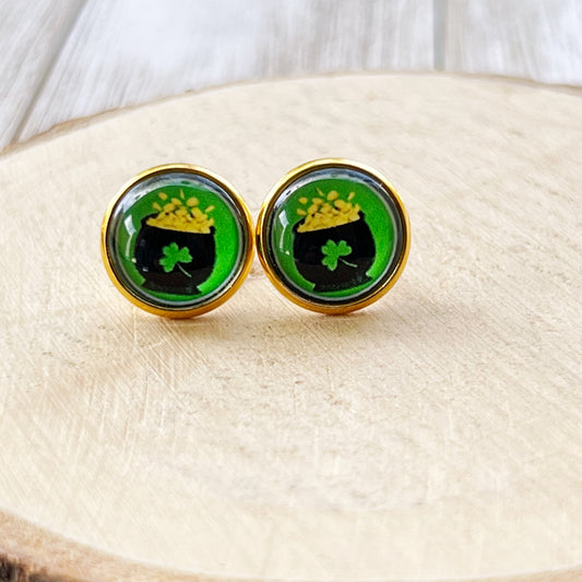 Gold Stud Earrings: Lucky Pot of Gold Design for St. Patrick's Day Charm