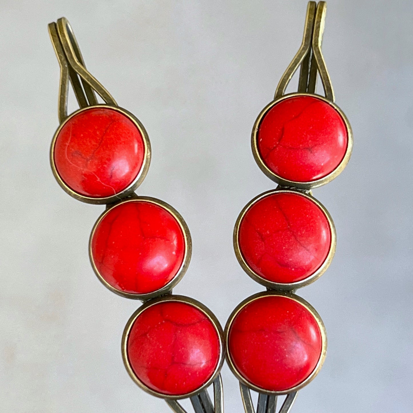 Red Stone Hair Pins – Rustic Boho Hair Clips with Antique Bronze Setting