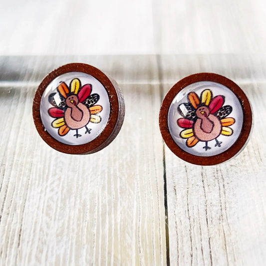 Thanksgiving Turkey Wood Stainless Steel Stud Earring
