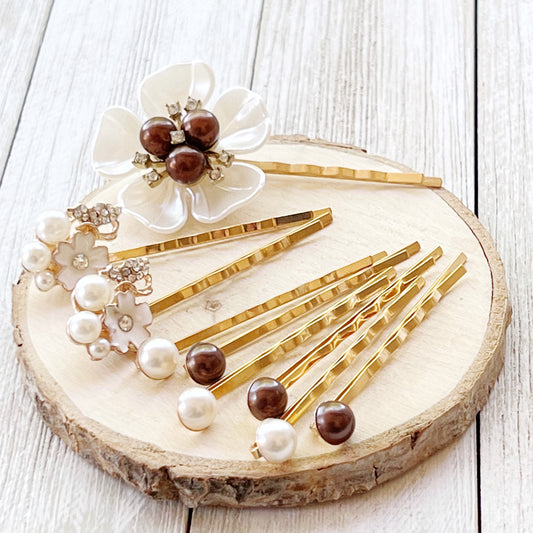 Brown Pearl Bridal Hair Pins Set - Wedding Hair Jewelry for Bride | White Floral, Pearl & Rhinestone Accessories for Elegant Hairstyles
