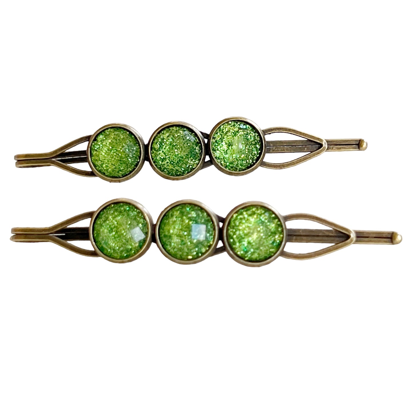 Green Shimmer Hair Pins – Sparkly Boho Hair Accessories Antique Bronze Finish