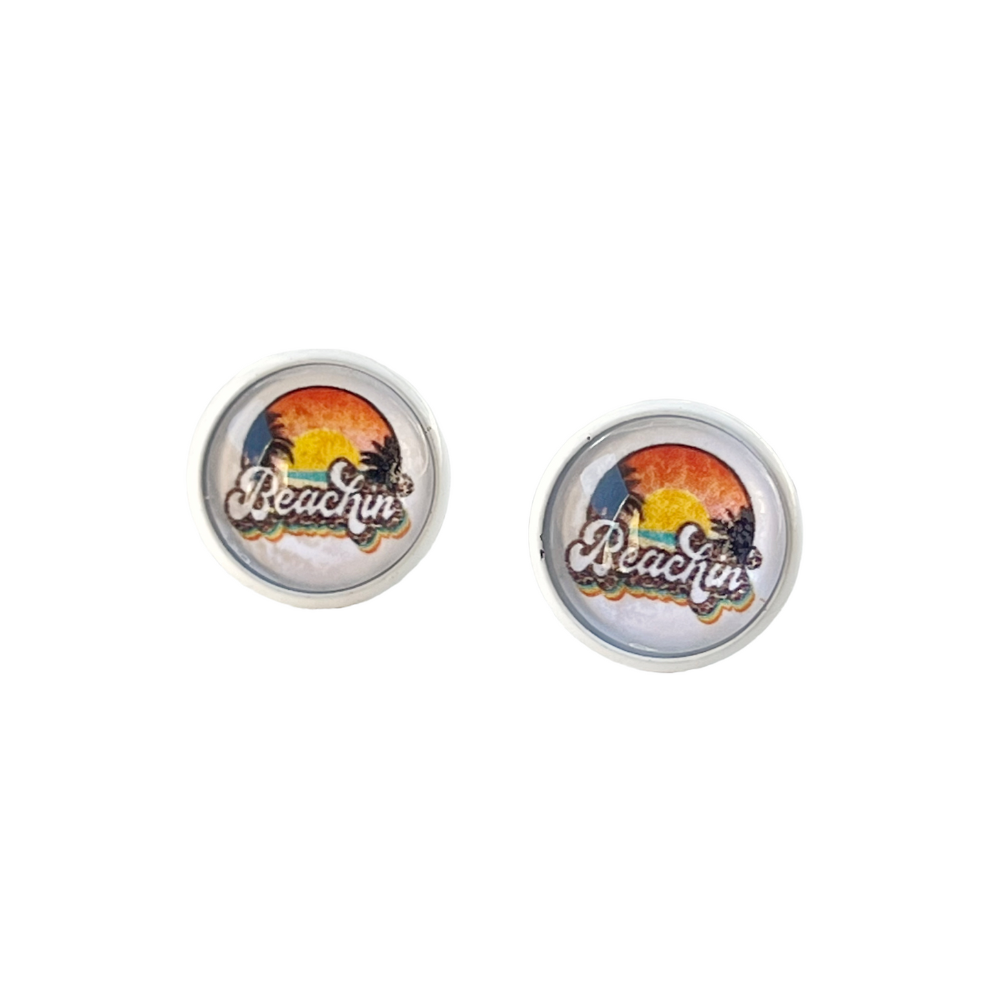 Beachin’ Sunset Stud Earrings – Retro Tropical Summer Jewelry with White Trim