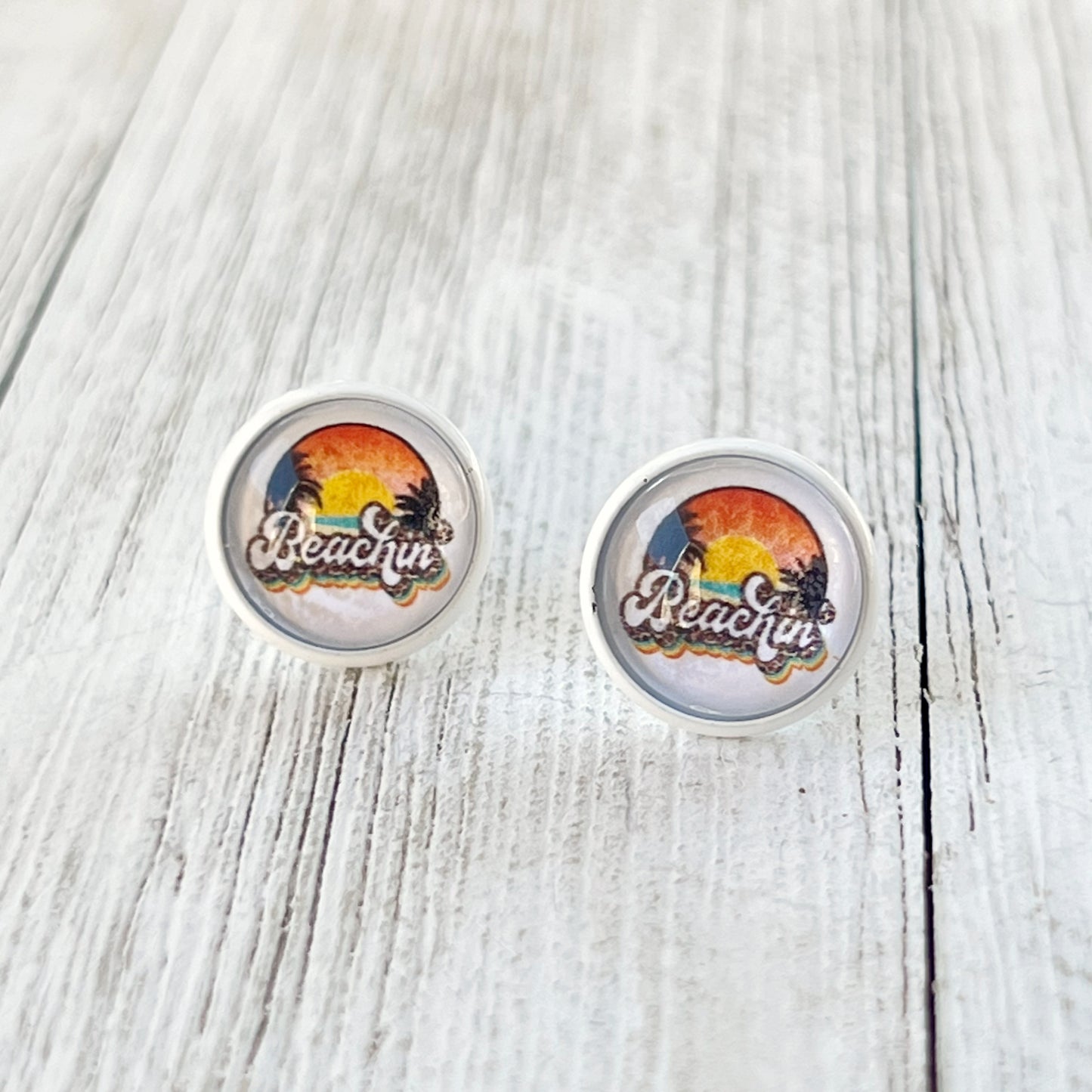 Beachin’ Sunset Stud Earrings – Retro Tropical Summer Jewelry with White Trim