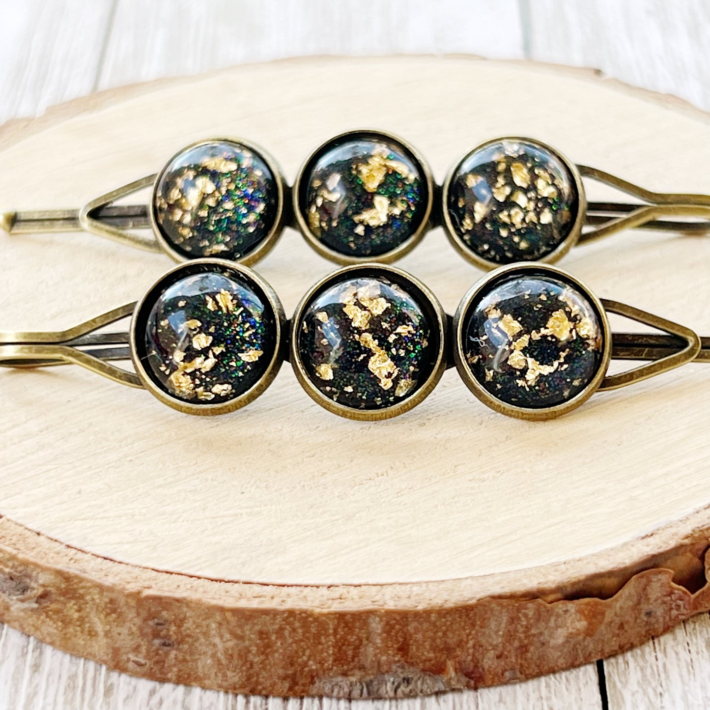 Black & Gold Flake Glitter Hair Pins - Elegant & Sparkling Hair Accessories