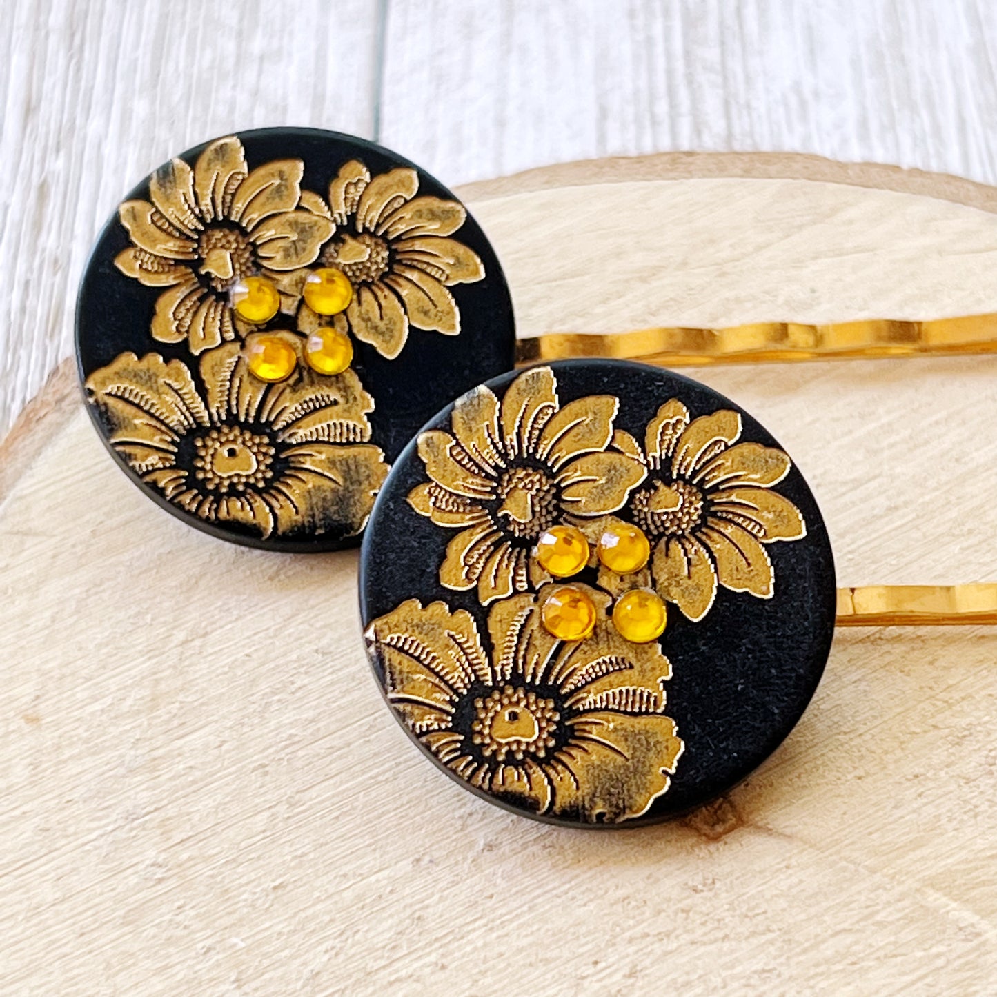 Black & Gold Sunflower Gold Bobby Pin Set- Elegant Floral Hair Accessory